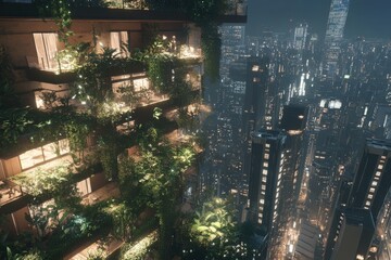 Sprawling City with Interconnected Walkways and Vertical Gardens in a Cartoon Style Illustration, Illuminated by Ambient Light, Capturing a Vibrant Urban Landscape at Night