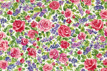 Beautiful Floral Pattern with Pink Roses and Purple Flowers Design