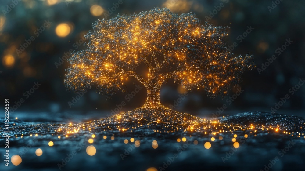 Poster A captivating tree glows with bright golden lights, standing in a tranquil forest at twilight. The surrounding area shimmers with soft lights, enhancing the enchanting ambiance.