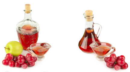 Apple vinegar and wine in glass bottle and ripe apples and grapes isolated on white background. There is free space for text. Collage.