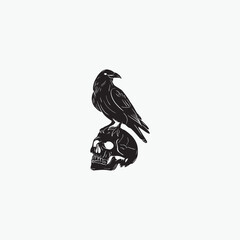 Skull With Crow Bird Illustration Black White