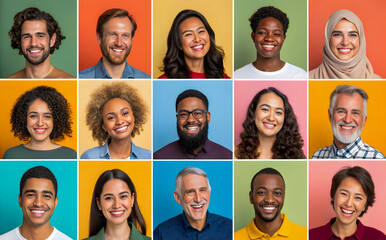 Composite portrait image of 15 smiling people of different races, with different colored backgrounds, arranged in a headshot-sized collage.
