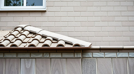 Beige Brick Wall with Triangular Tile Roof Section