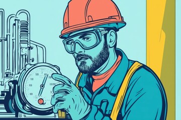 Cartoon Style Illustration of a Worker in Safety Gear Monitoring Gauges in a Vibrant Power Plant Interior, Featuring Bright Lighting and Detailed Equipment