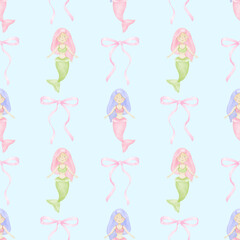 mermaid, bow. Watercolor seamless pattern in pastel colors for textile and wrapping paper. Cute underwater world illustration for kids