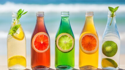 Fototapeta premium Refreshing Fruit-Infused Sparkling Water in Bottles