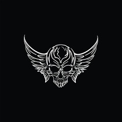 Outline Hand Draw Skull and Wings Vector Design