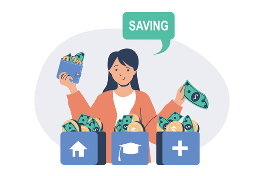 Financial literacy web concept with flat cartoon people for website design.