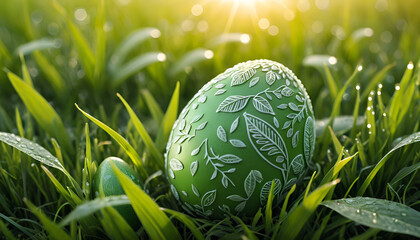 Green Easter egg with floral print in fresh grass