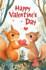 Squirrels exchanging hearts on Valentine\'s Day in a whimsical forest setting