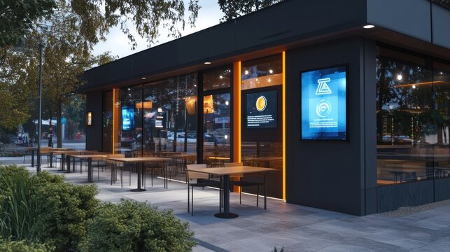 Modern cafe exterior at dusk with outdoor seating and digital signage.