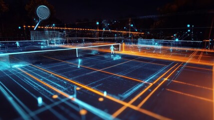 Futuristic digital tennis court at night with glowing players and lines.