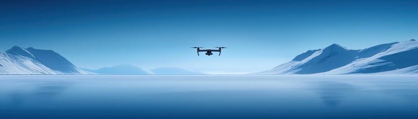 A drone flies over a tranquil, icy landscape, with snow-covered mountains under a clear blue sky, showcasing a serene and remote environment.