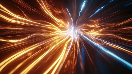 Abstract light streaks converge at a central point, creating a dynamic and energetic composition with warm and cool colors.