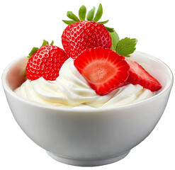 Whipped with strawberry cream in white bowl isolated on transparent background