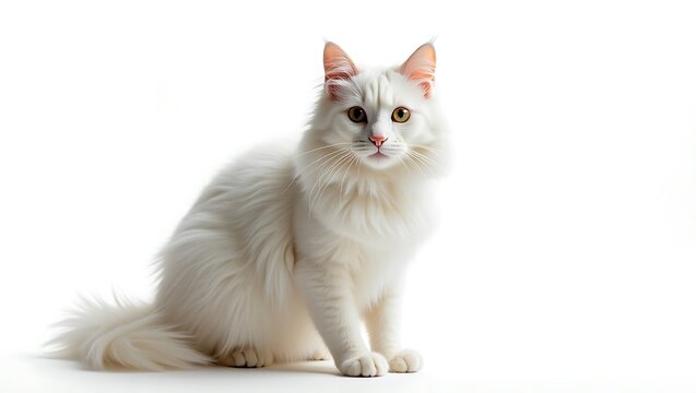 A fluffy white cat sits gracefully against a light background.