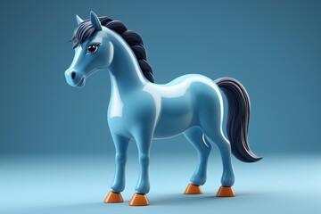 a close up of a toy horse with a blue body and black mane
