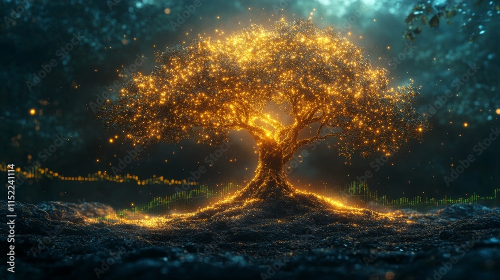 Fototapete a radiant tree glows with golden light, surrounded by a serene forest. the enchanting atmosphere is 