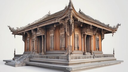 Obraz premium Intricate wooden Asian temple, isolated on white background.