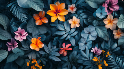 Colorful tropical flowers and lush leaves create a vibrant floral background in a nature-inspired setting