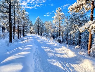 Fototapeta premium A snow-covered path winds through a serene forest, with tall pine trees glistening under a bright blue sky.