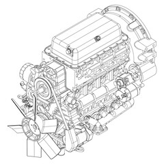 An internal combustion motor. The drawing engine of the machine in section, illustrating the inner structure - the cylinders, pistons, the spark plug. Isolated on white background.