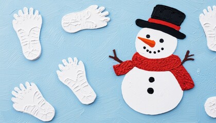 A playful snowman with a black hat and red scarf surrounded by white footprint shapes on a light blue background.