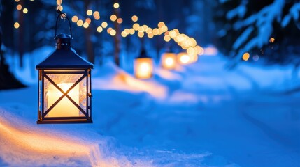 A serene winter pathway illuminated by lanterns and string lights, creating a cozy and magical atmosphere amidst the snow.
