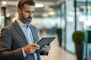 Focused professional engaging with tablet in modern office space