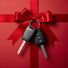 Car key with a red bow on valentine day gift