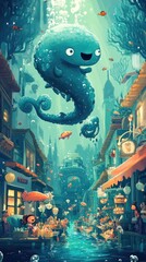 Obraz premium Happy Sea Creature Above Underwater Market Town