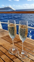 Obraz premium Two sparkling glasses of champagne rest on a deck, overlooking a beautiful ocean and a majestic cruise ship at sunset
