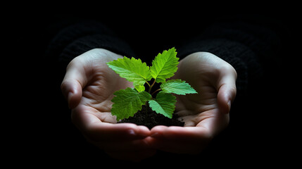Two hands cradle a small green plant against a dark backdrop, symbolizing nurturing and growth. This moment emphasizes the importance of caring for nature and new beginnings.