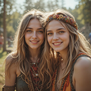 Close-up retrato chicas hippies sonriendo