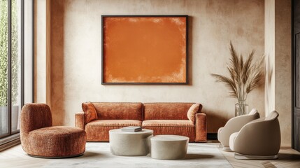 Frame mockup displayed on the wall of a spacious living room, with modern furniture and a warm color palette