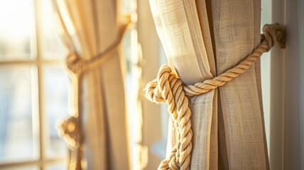 Warm morning light on elegant beige curtains with rope tieback