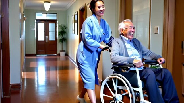 Asian female caregiver in blue gown, pushing the wheelchair of an elderly Asian patient while they talk and laugh