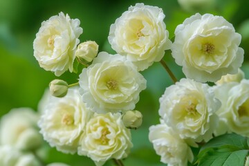 Delicate White Roses in Full Bloom Against Lush Green Background