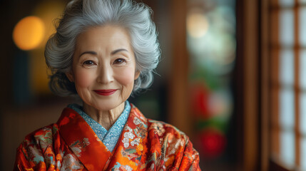 Fototapeta premium Elegant elderly woman in traditional kimono smiling warmly indoors during a cultural celebration