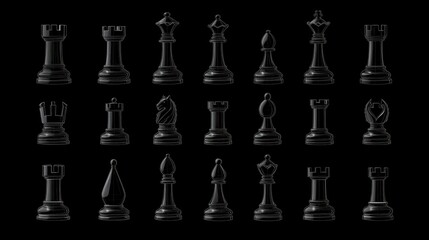 Chess pieces. Black piece logo, rook queen king icons. Board game objects silhouettes, isolated flat pawn knight bishop utter vector set