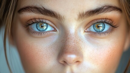 Obraz premium Close-up of a young woman's face, showcasing her blue eyes and freckles.