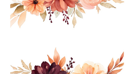 Obraz premium Elegant Autumn Watercolor Floral Frame: Warm Peach, Burgundy, and Cream Flowers for Seasonal Invitations and Decor