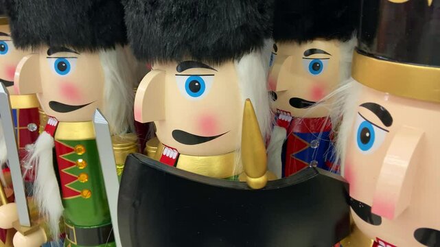 shot of nutcracker christmas soldier statues in row on display
