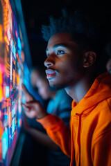 Fototapeta premium A person in an orange hoodie explores a vibrant digital display, fascinated by the colors