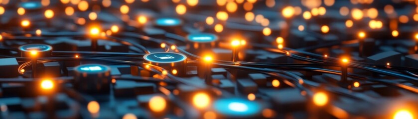 Aerial view of a smart city with glowing nodes representing e-wallet transactions