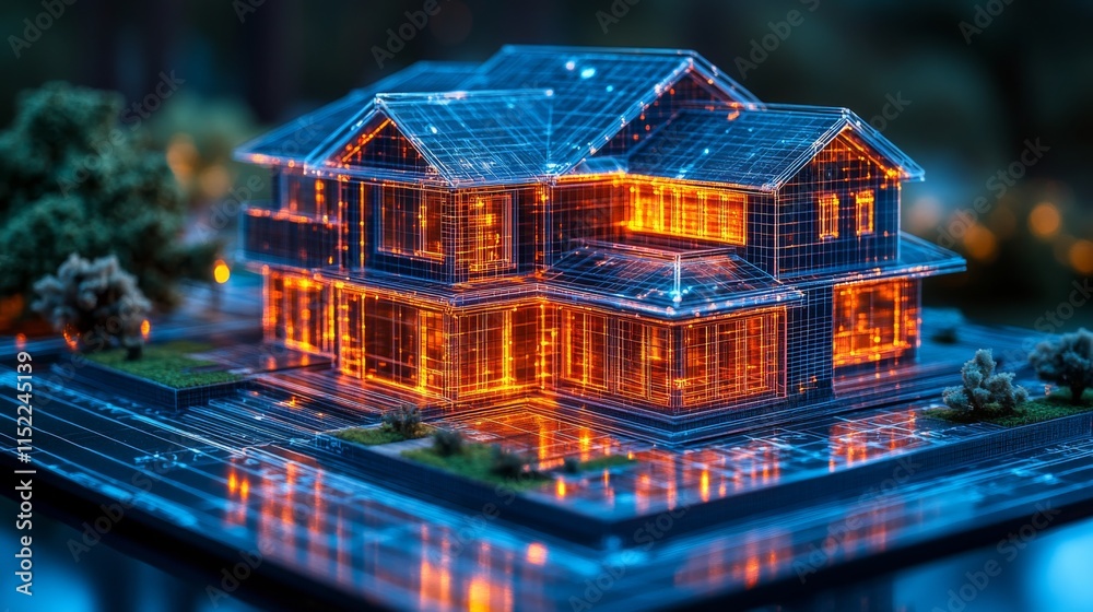 Poster A detailed architectural model represents a modern house with glowing lines and structures, set outdoors during twilight. The intricate design features sharp angles and dynamic forms.