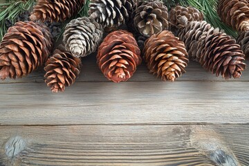 Pine cones arranged in a decorative pattern on a wooden table for a fall display