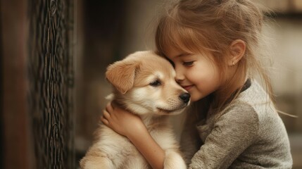 A little girl helps in adopting a dog from a dog rescue shelter