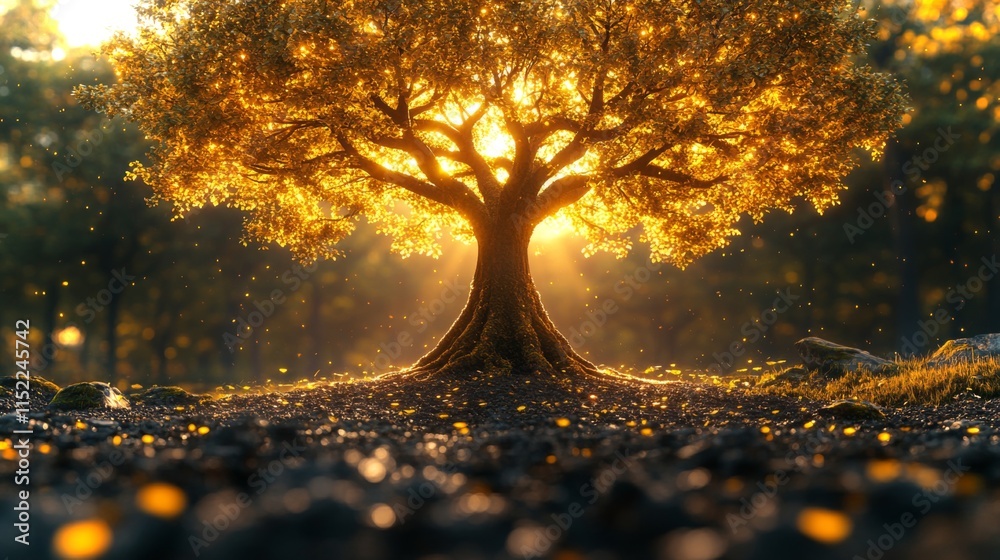 Poster sunlight bathes a large tree, illuminating its golden leaves in a peaceful forest setting. the groun