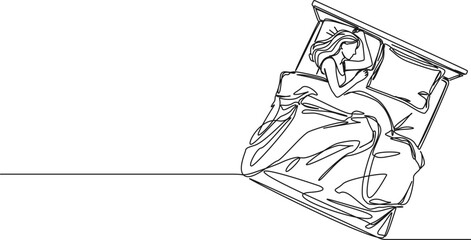 continuous line drawing of woman sleeping in bed, line art vector illustration